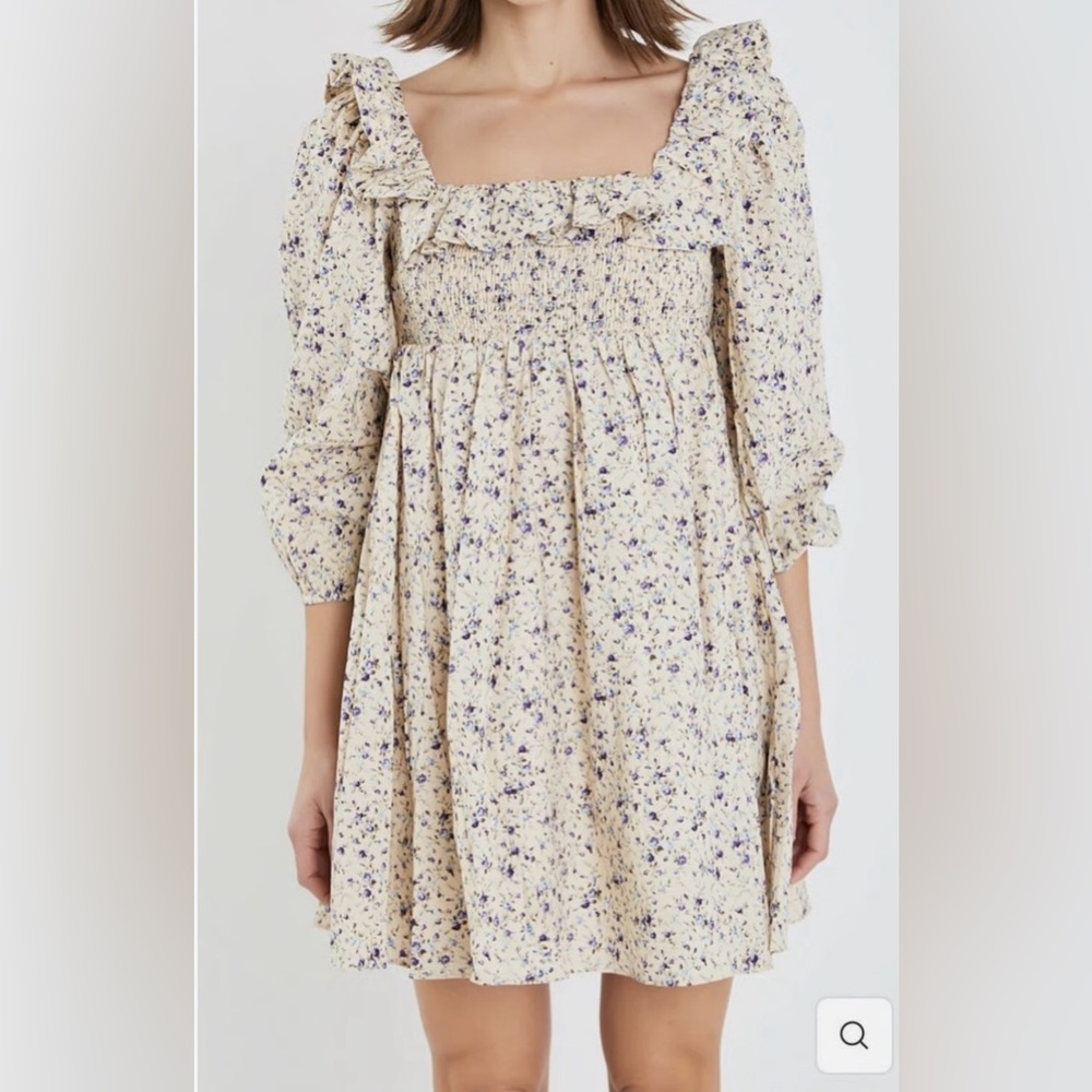 Hyacinth House Smocked Blue Floral Babydoll Dress